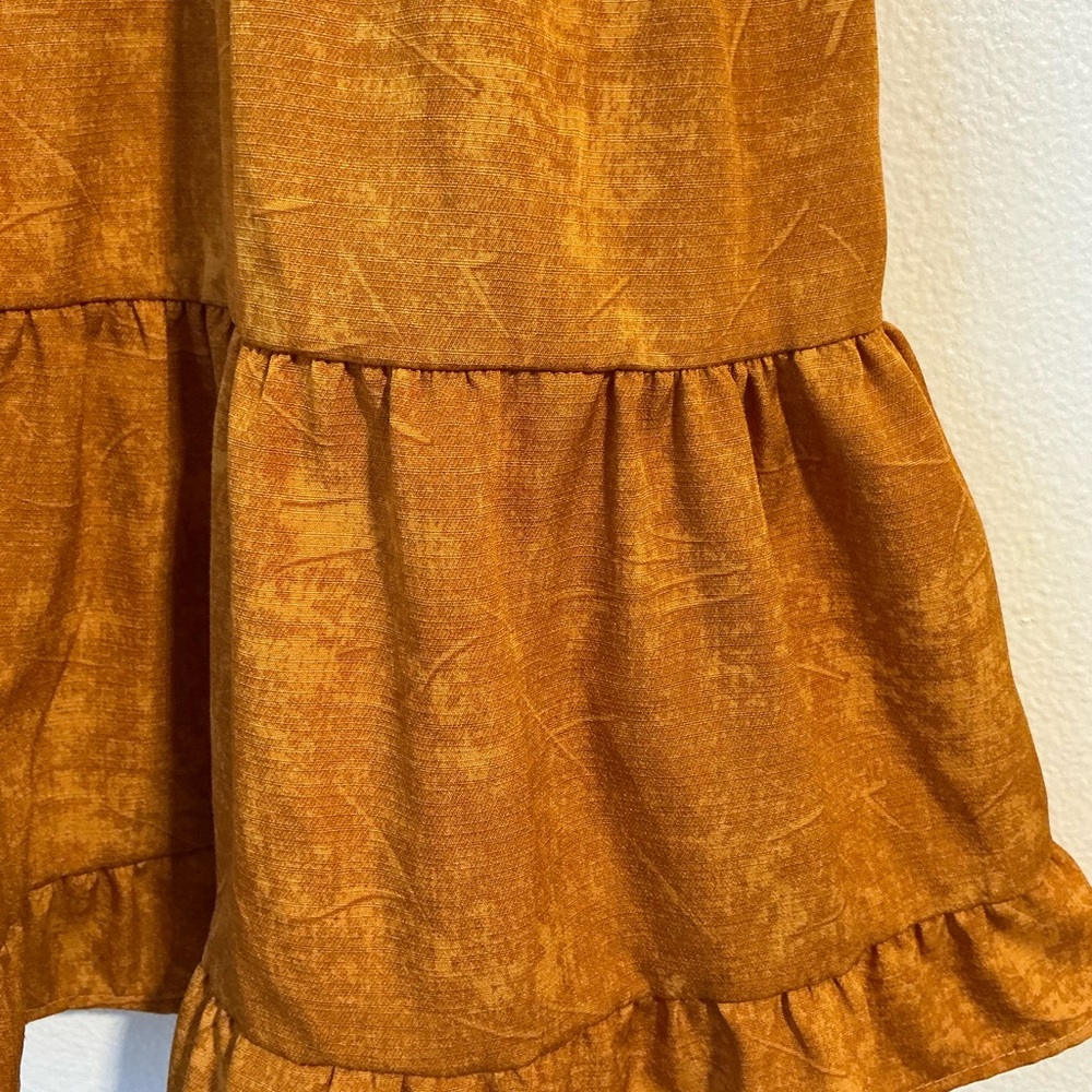 Deep Mustard Yellow V-neck Mini Dress with Ruffle Sleeves and Hem - Picture 6 of 10